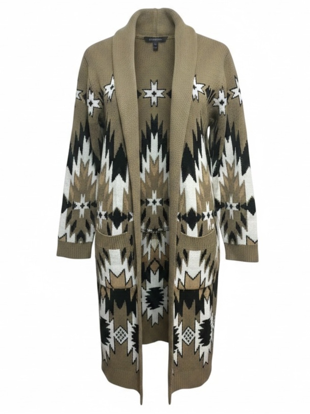 Heritage Charm Southwestern Long Knit Cardigan Size Large Tan Black White